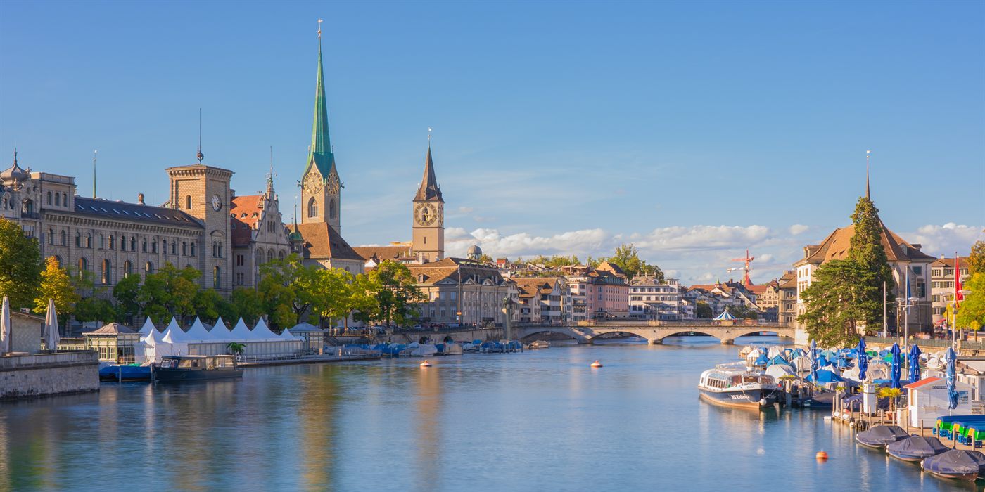 Zürich old town and the Limmat, Fraumünster and St. Peter spires
